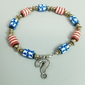 Vintage Red White and Blue Clay Beaded Bracelet with Why? Silver Tone Charm